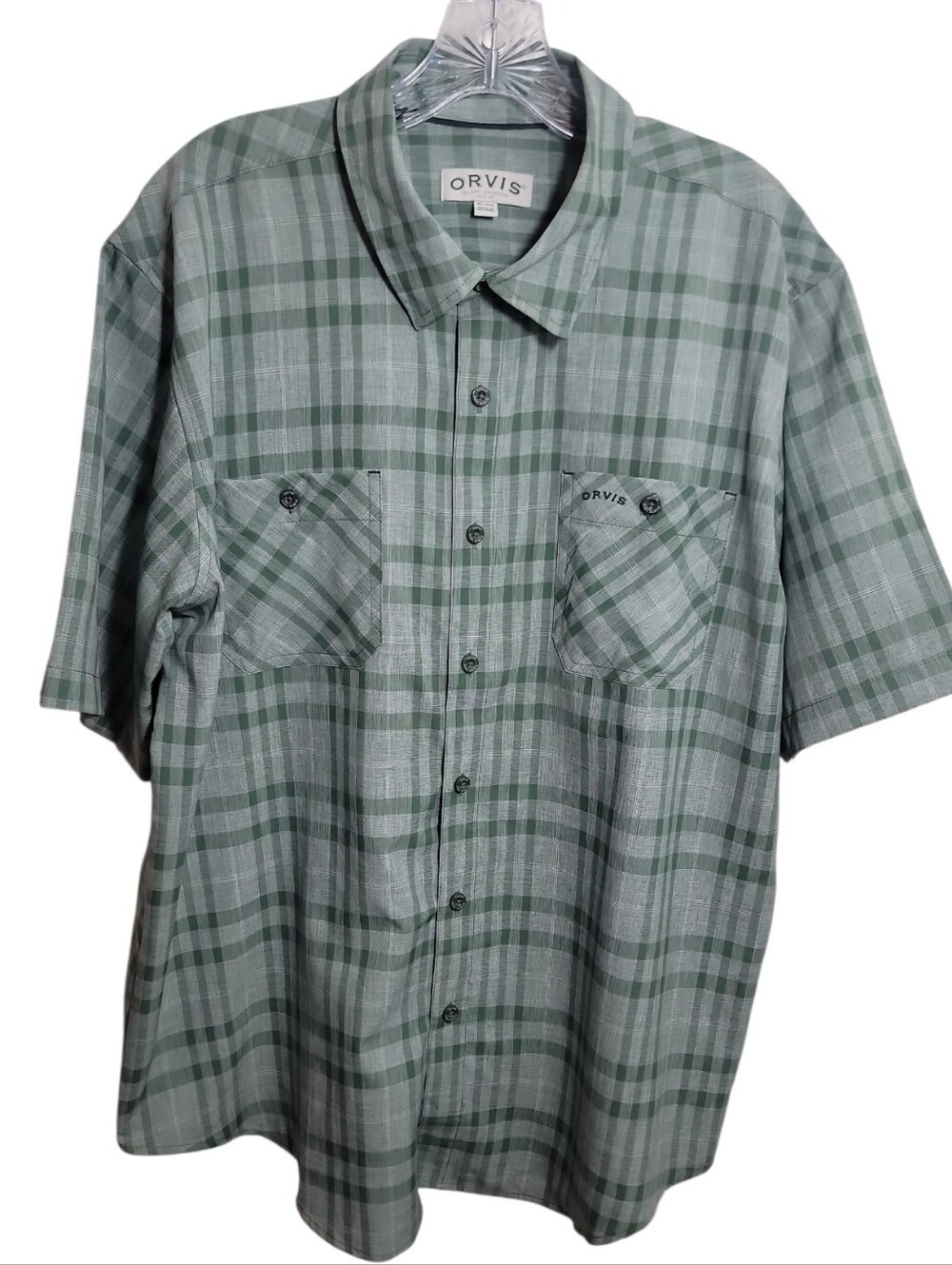 Orvis green gray men's plaid short sleeve button down shirt casual oytdoir